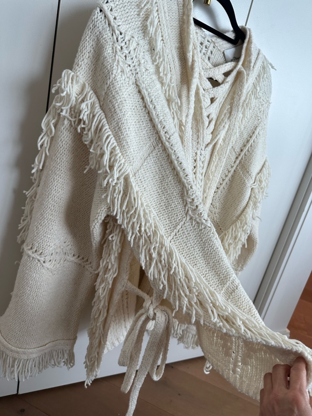 3.1 Phillip Lim Ivory Fringe Lace-Up Boho V-Neck Sweater Poncho - Picture 4 of 6